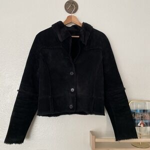 Vintage H&M Women's Genuine Leather Suede Faux Shearling Coat Jacket Black